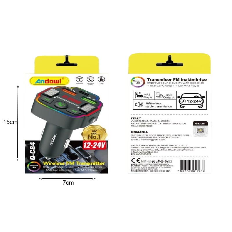 Andowl Πομπός Αυτοκινήτου Φορτιστής FM Transmitter 12-24v Q-C84 – Car FM Wireless Transmitter ANDOWL