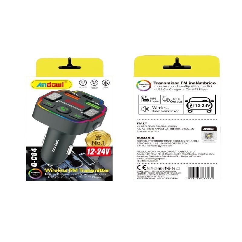 Andowl Πομπός Αυτοκινήτου Φορτιστής FM Transmitter 12-24v Q-C84 – Car FM Wireless Transmitter ANDOWL