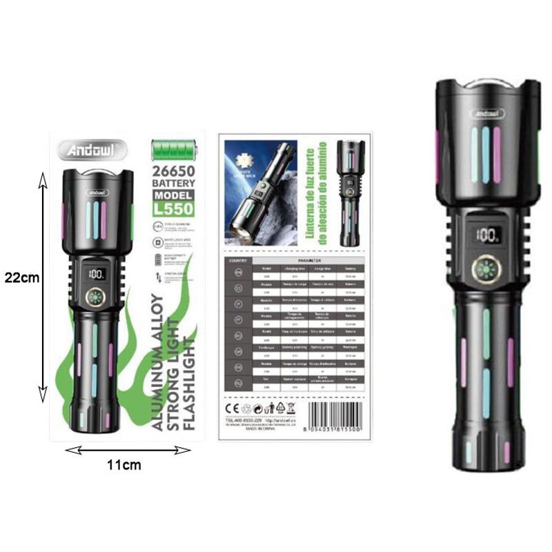 Andowl Επαναφορτιζόμενος Φακός Led 3200mAh με 5 λειτουργίες με δυνατότητα ζουμ L550 - Aluminum Alloy Strong Light Flashlight OEM