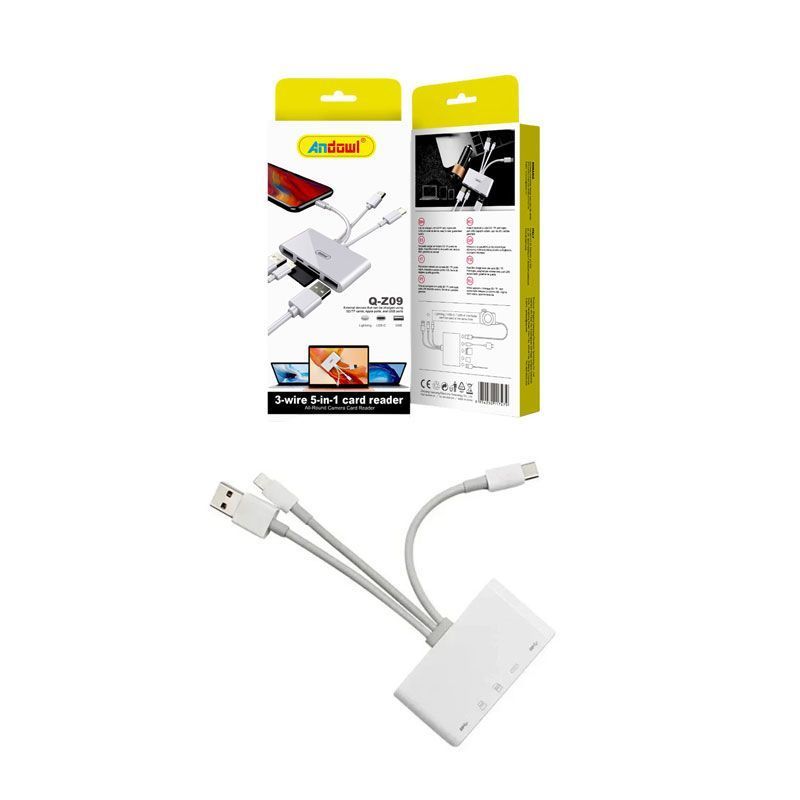 Andowl 5 σε 1 Lightning+Type C+USB A Card Reader με 3 Καλώδια Andowl Q-Z09 - 3-wire 5 in 1 card reader Q-Z09 ANDOWL