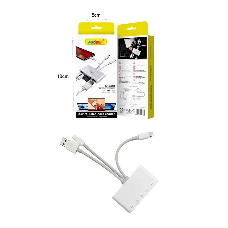 Andowl 5 σε 1 Lightning+Type C+USB A Card Reader με 3 Καλώδια Andowl Q-Z09 - 3-wire 5 in 1 card reader Q-Z09 ANDOWL