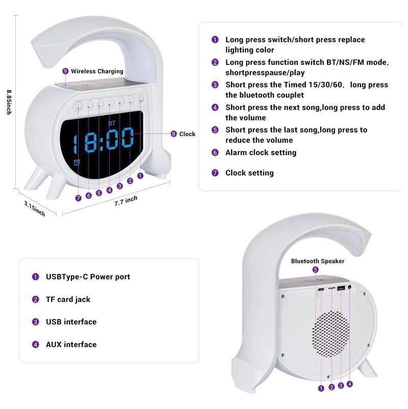Andowl Ηχείο 4 σε 1 με Bluetooth, ασύρματο φορτιστή, ξυπνητήρι & ρολόι 15W 5A Pro - Wireless Charging Speaker OEM