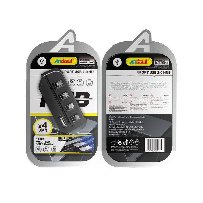 Andowl USB Hub 4 θυρών 2.0 με διακόπτες Q-HU150K - 4 Port USB ANDOWL