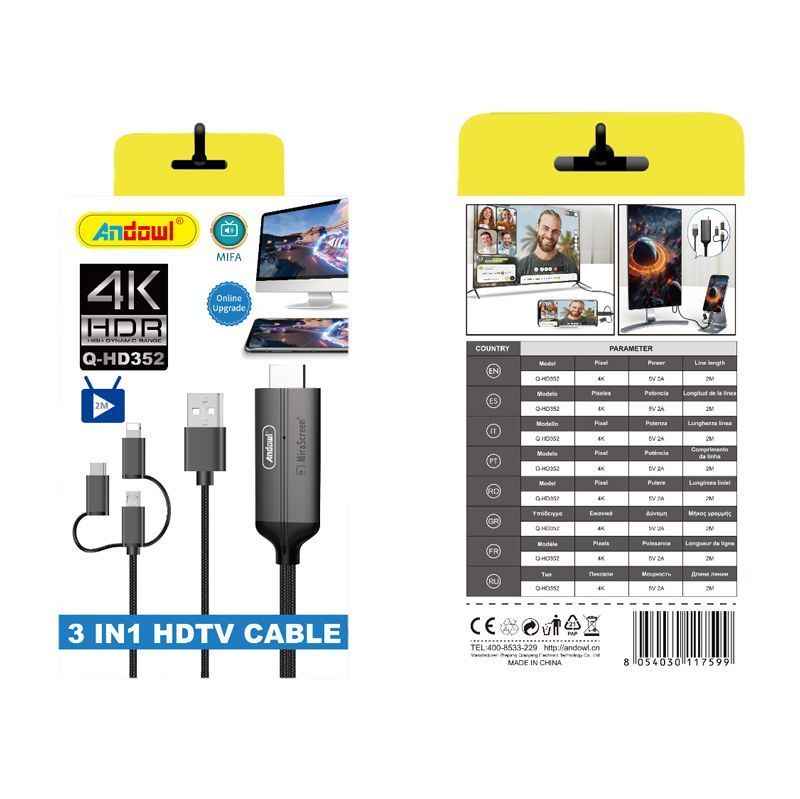 Andowl Καλώδιο USB σε HDTV 3in1 4K HDR Q-HD352 - 3in1 HDTV Cable ANDOWL