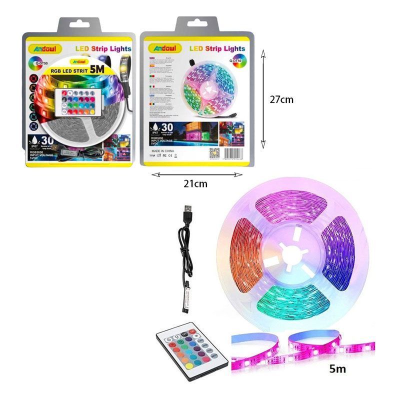 Andowl Αδιάβροχη Ταινία LED Τροφοδοσίας USB (5V) RGB Μήκους 5m και 6 LED ανά Μέτρο με Τηλεχειριστήριο Τύπου SMD5050 Q-DT50 - LED strip lights OEM