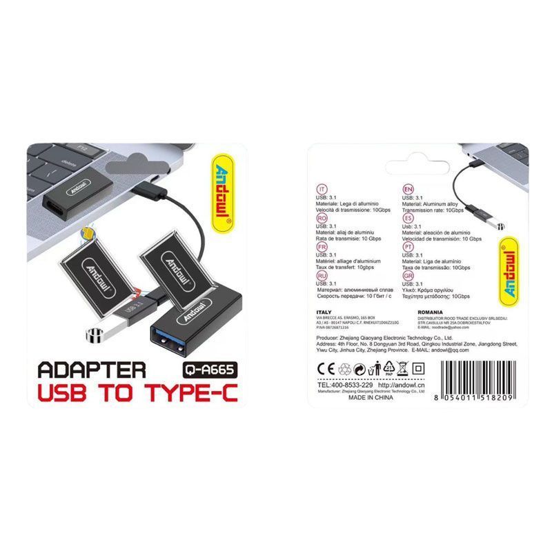 Andowl Μετατροπέας Αντάπτορας Type-C σε USB Q-A665 - USB to Type-C Converter ANDOWL