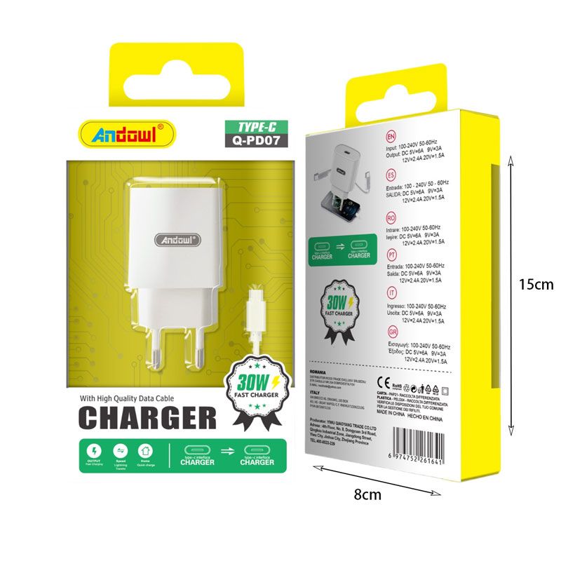 Andowl Φορτιστής με καλώδιο Type-C σε Type-C 30W Q-PD07 - Charger OEM