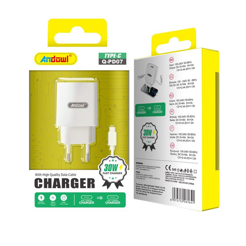 Andowl Φορτιστής με καλώδιο Type-C σε Type-C 30W Q-PD07 - Charger OEM
