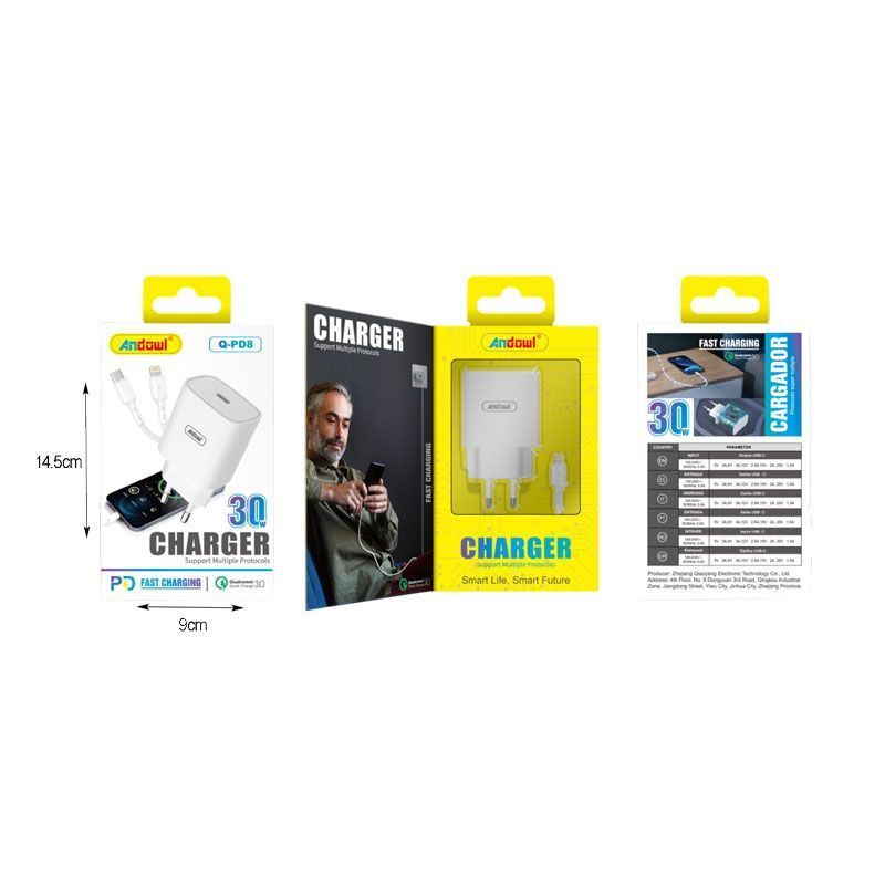 Andowl Φορτιστής με καλώδιο Type-C σε Lightning 30W Q-PD8 - Charger ANDOWL