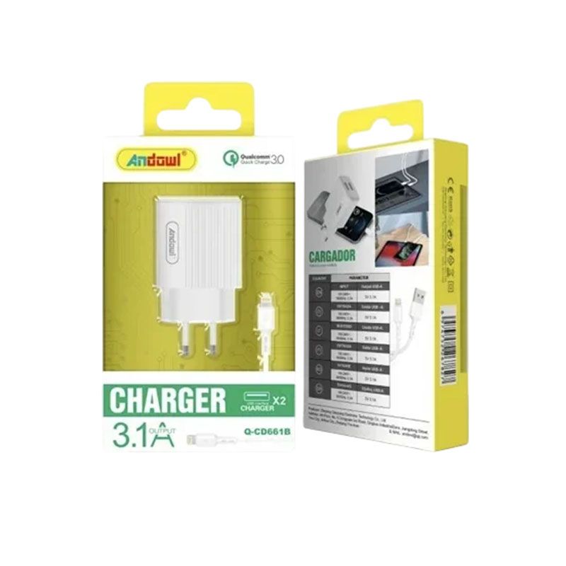 Andowl Φορτιστής με καλώδιο Lightning 3.1A Q-CD661B - Charger OEM