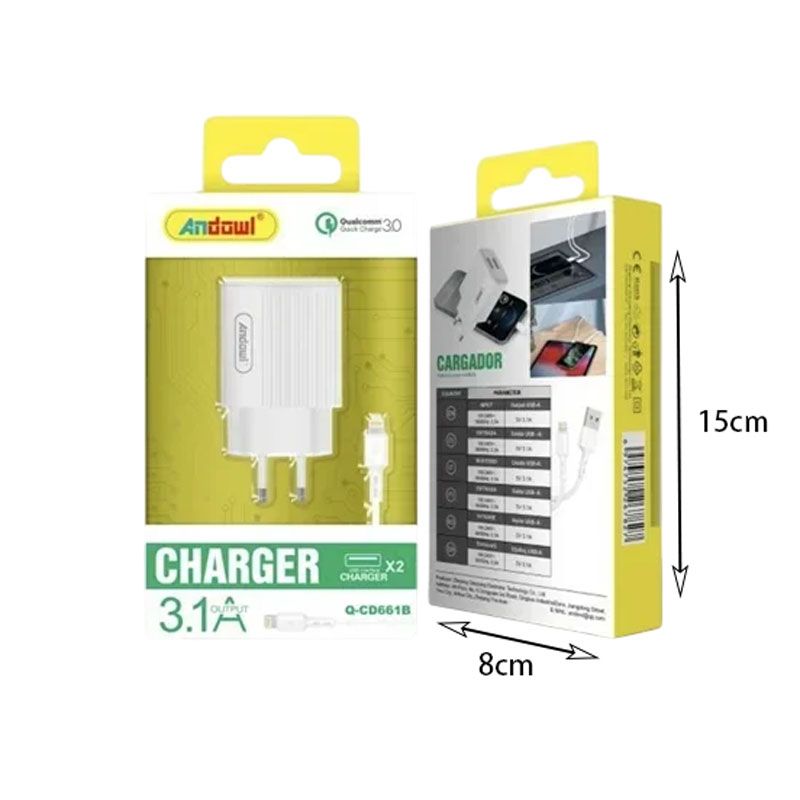 Andowl Φορτιστής με καλώδιο Lightning 3.1A Q-CD661B - Charger OEM