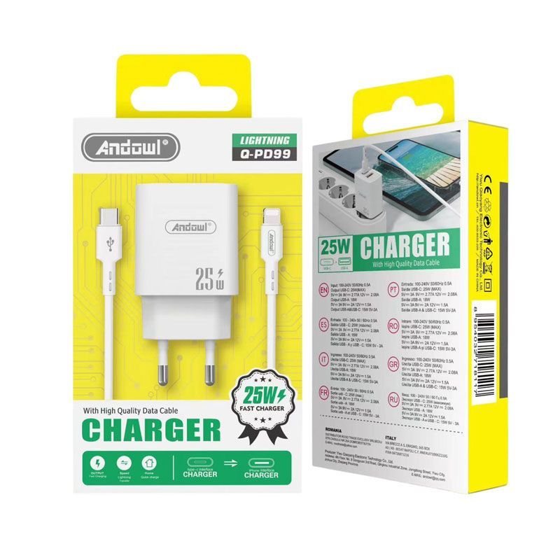 Andowl Φορτιστής με καλώδιο Type-C σε Lightning & θύρα USB-A 25W Q-PD99 - Charger ANDOWL
