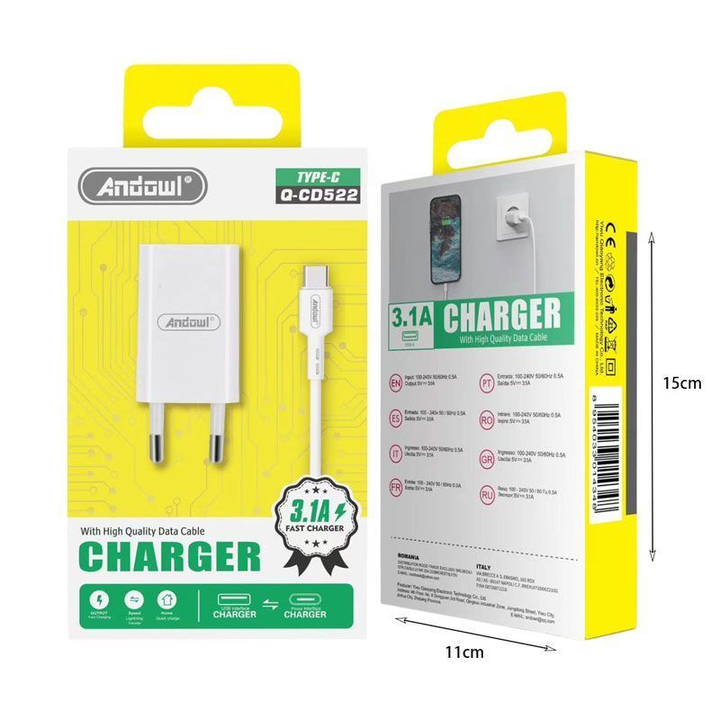 Andowl Φορτιστής με καλώδιο Type-C 1.5A Q-CD522 - Charger ANDOWL