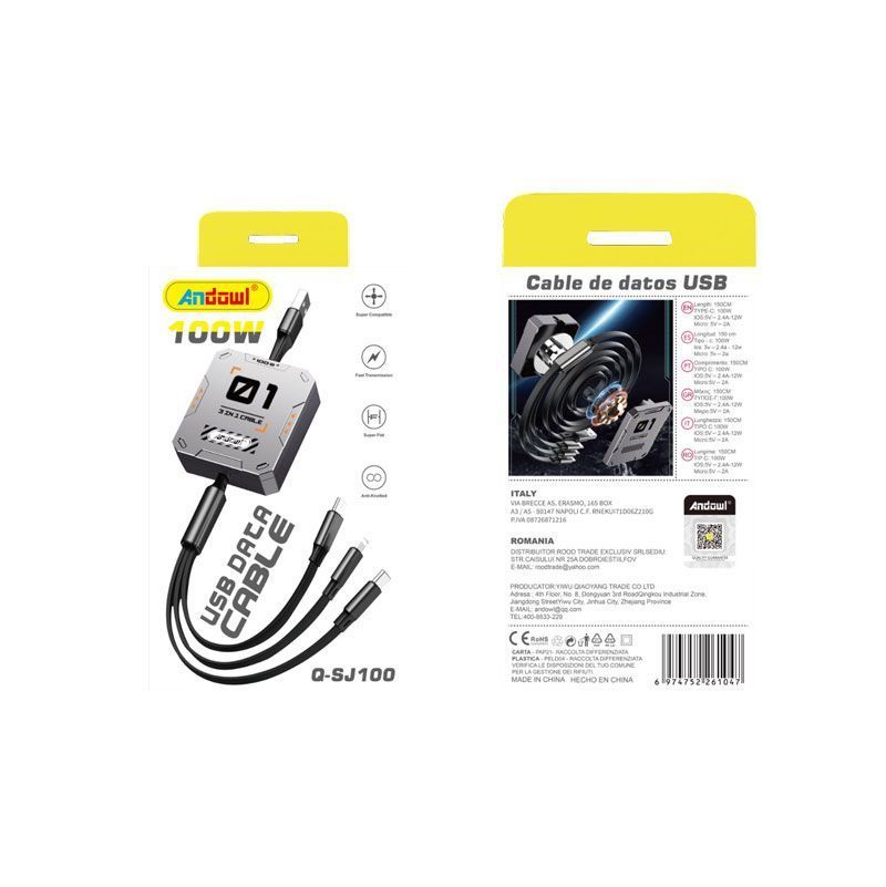 Andowl Kαλώδιο 3 σε 1 Type-C, Lightning & Micro 100W Q-SJ100 - USB Data Cable ANDOWL
