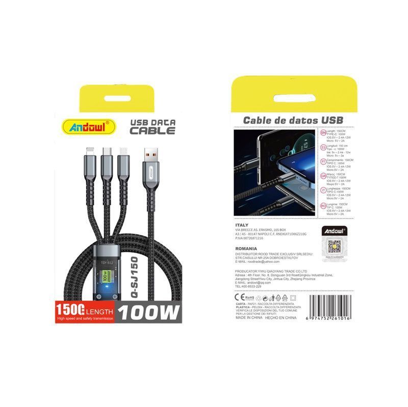Andowl Καλώδιο Δεδομένων 4σε1 100W 150cm Q-SJ150 - Data Cable OEM