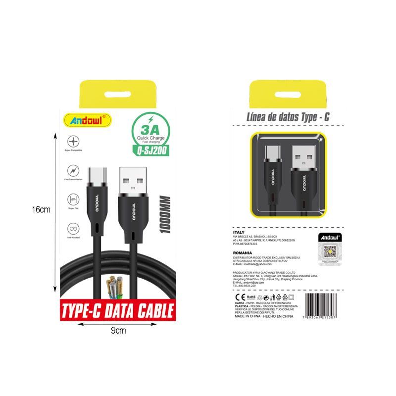 Andowl Καλώδιο Δεδομένων USB σε Type-C 1m 3A Q-SJ200- Data Cable OEM