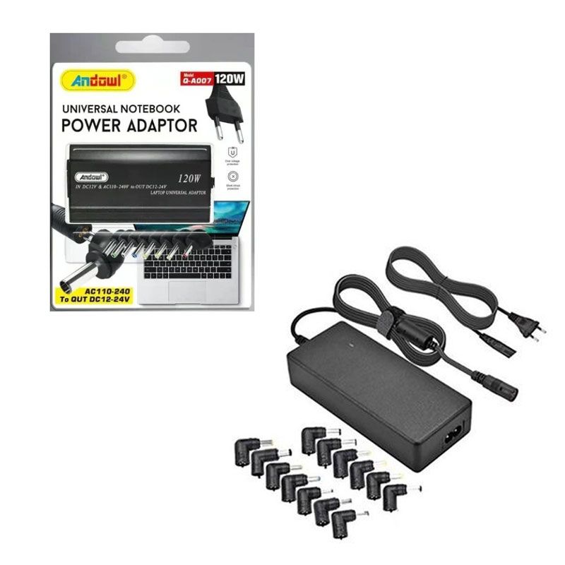 Andowl Universal Φορτιστής Laptop 120W με Αποσπώμενο Καλώδιο Τροφοδοσίας και με σετ βυσμάτων Q-A007 - Universal Notebook Power Adaptor ANDOWL