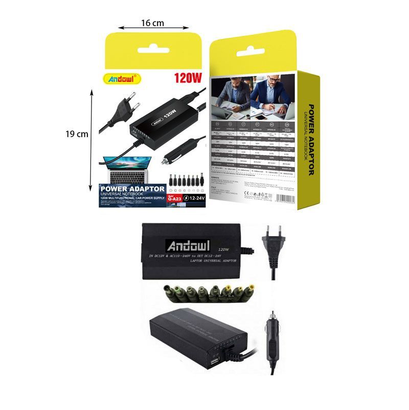 Andowl Universal Φορτιστής Laptop 120W 24V με Αποσπώμενο Καλώδιο Τροφοδοσίας και με σετ βυσμάτων Q-A23 - Power Adaptor ANDOWL