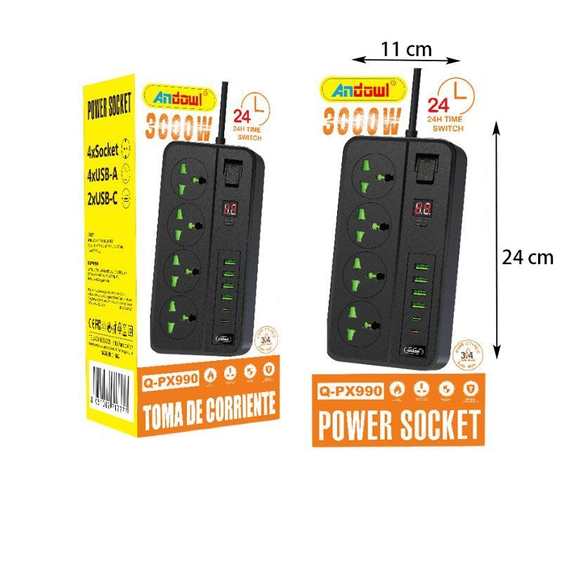 Andowl Πολύμπριζο 4 θέσεων με θύρες USB και Type-C 3000W Q-PX990 - Power Socket OEM