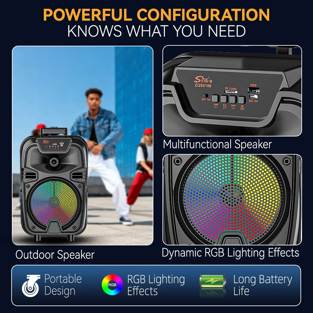 Sing-e Φορητό Bluetooth Ηχείο Karaoke 8" με Ασύρματο Μικρόφωνο & LED Φωτισμό ZQS8188- 8" Portable Bluetooth Karaoke Speaker with Wireless Microphone & LED Lights OEM