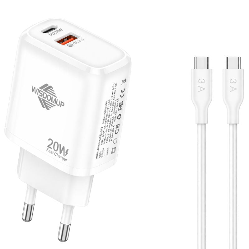 Wisdomup Φορτιστής Κινητού USB-C και USB με Καλώδιο Type-C σε Type-C 20W OCD-31T - Fast Charger with Type-C to Type-C Cable OEM