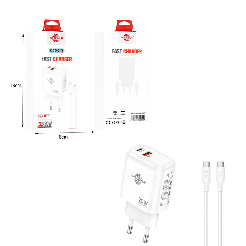 Wisdomup Φορτιστής Κινητού USB-C και USB με Καλώδιο Type-C σε Type-C 20W OCD-31T - Fast Charger with Type-C to Type-C Cable OEM