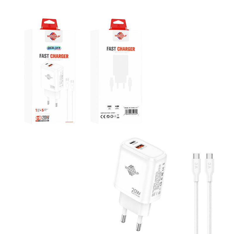 Wisdomup Φορτιστής Κινητού USB-C και USB με Καλώδιο Type-C σε Type-C 20W OCD-31T - Fast Charger with Type-C to Type-C Cable OEM