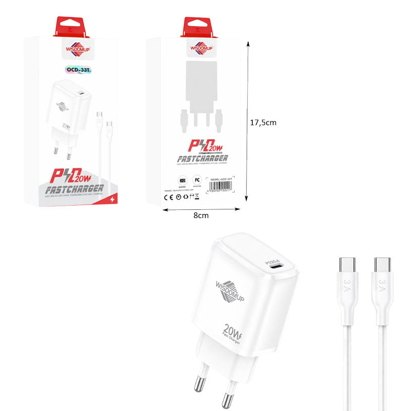 Wisdomup Φορτιστής Κινητού USB-C με Καλώδιο Type-C σε Type-C 20W OCD-33T - Fast Charger with Type-C to Type-C Cable OEM