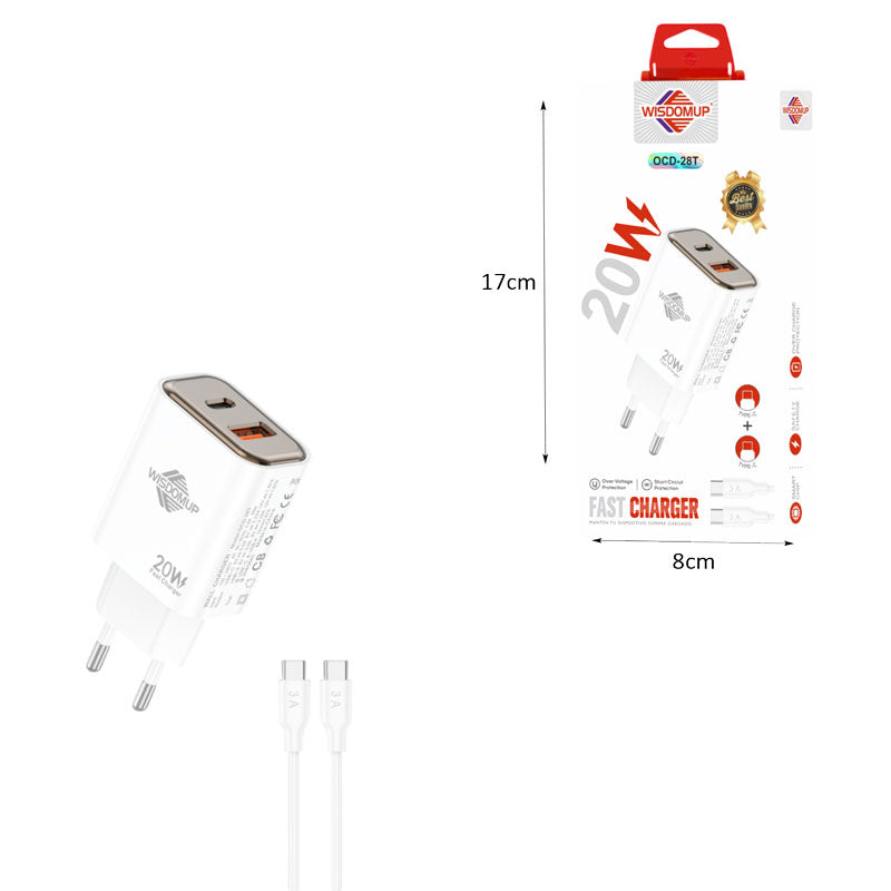 Wisdomup Φορτιστής Ταχείας Φόρτισης 20W USB & Type C με Καλώδιο Type C σε Type C OCD-28T – Fast Charger USB & Type C with Type C to Type C Cable OEM