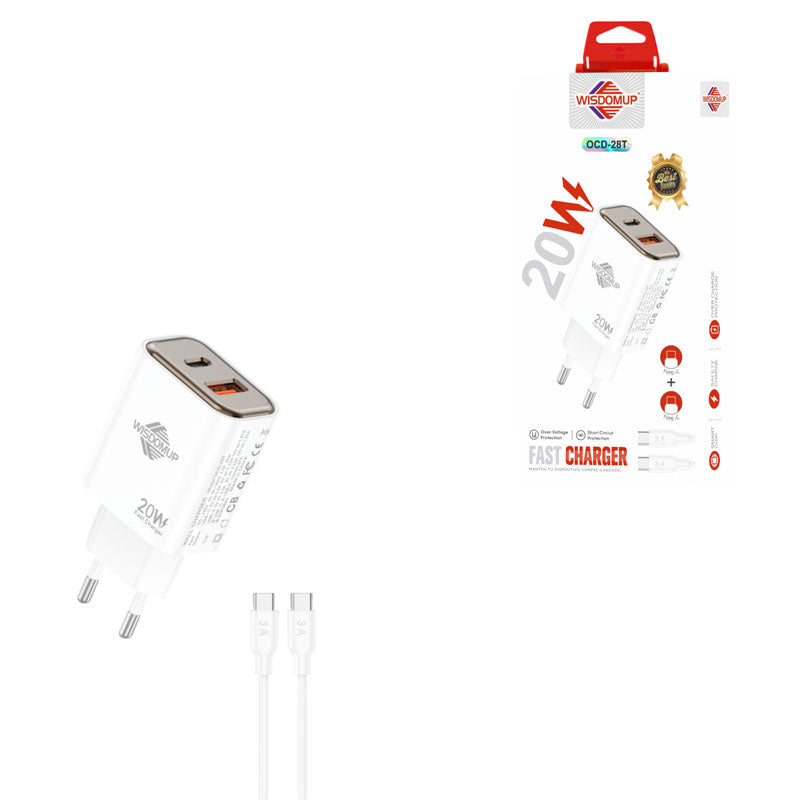 Wisdomup Φορτιστής Ταχείας Φόρτισης 20W USB & Type C με Καλώδιο Type C σε Type C OCD-28T – Fast Charger USB & Type C with Type C to Type C Cable OEM