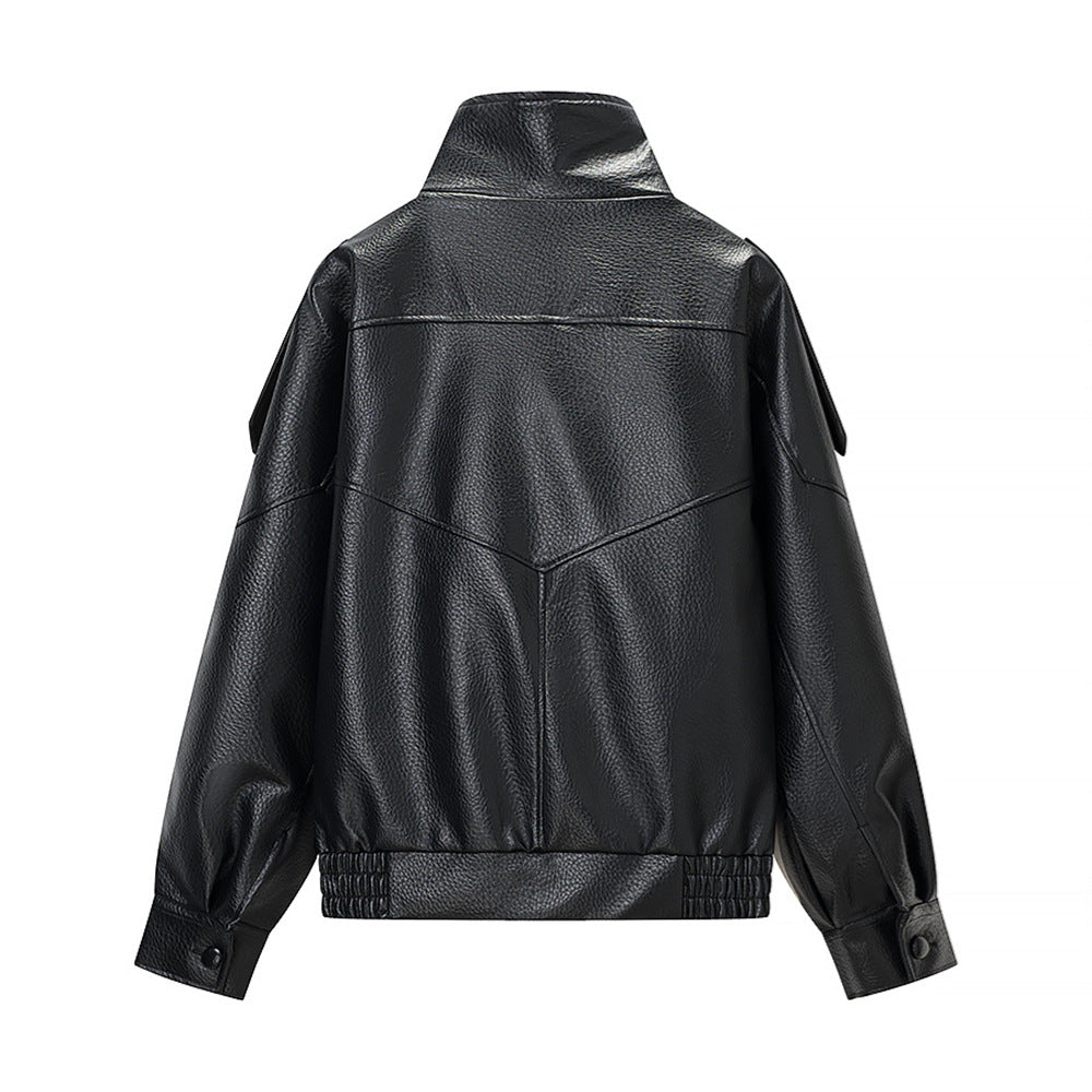 Γυναικείο oversized μπουφάν δερματίνης Μαύρο 0307