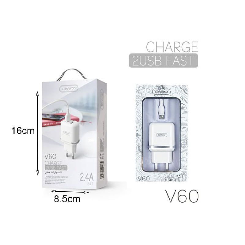 Tranyoo Φορτιστής με καλώδιο micro 2USB V60 2.4A – Charger 2USB Fast Tranyoo