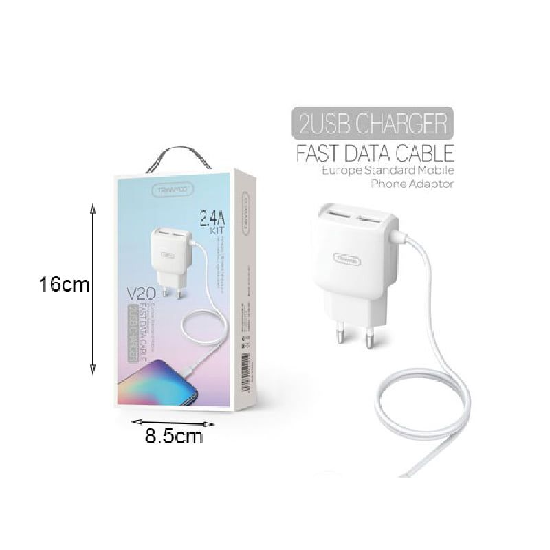Tranyoo Φορτιστής με καλώδιο Type-C 2USB V20 2.4A – Charger 2USB Fast Tranyoo