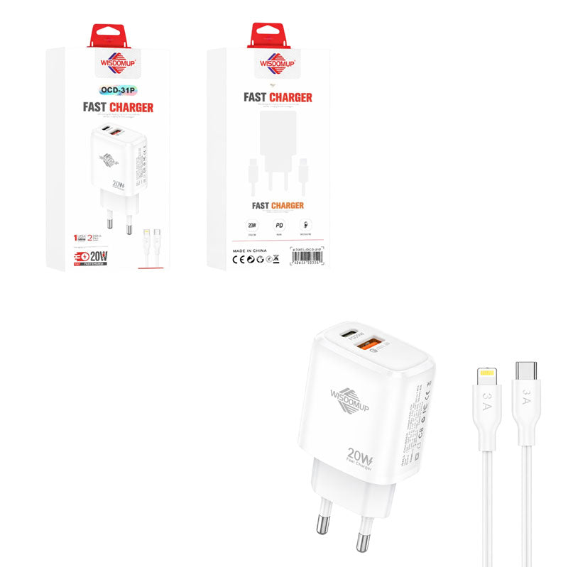 Wisdomup Φορτιστής Κινητού USB-C και USB με Καλώδιο Lightning σε Type-C 20W OCD-31P - Fast Charger with Lightning to Type-C Cable OEM