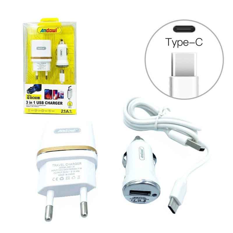 Andowl Σετ Αυτοκίνητου και Πρίζας με Θύρα USB-A και Καλώδιο USB-C Λευκός Q-DC60B ANDOWL