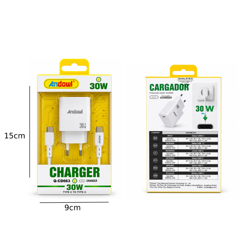 Andowl Φορτιστής USB-C PD 30W με Καλώδιο Type-C σε Type-C Q-CD663 - 30W USB-C PD Charger with Type-C to Type-C Cable OEM