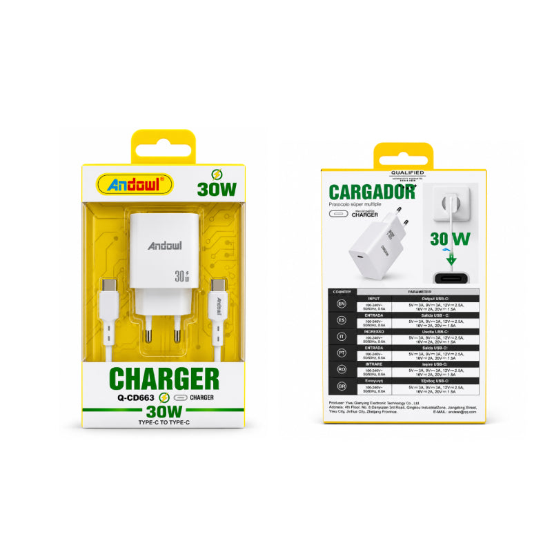 Andowl Φορτιστής USB-C PD 30W με Καλώδιο Type-C σε Type-C Q-CD663 - 30W USB-C PD Charger with Type-C to Type-C Cable OEM