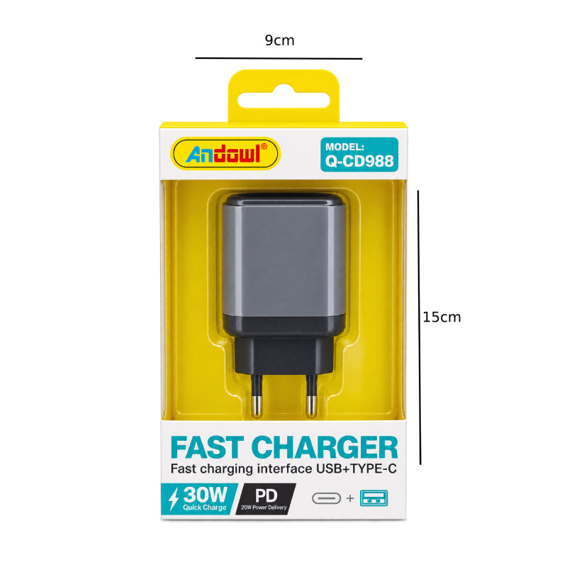 Andowl Φορτιστής Q-CD988 30W PD με USB & Type-C - Andowl Q-CD988 30W PD USB & Type-C Fast Charger
