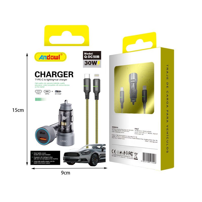 Andowl Φορτιστής αυτοκινήτου με καλώδιο Type-C σε Lighting Q-DC50B - Charger ANDOWL