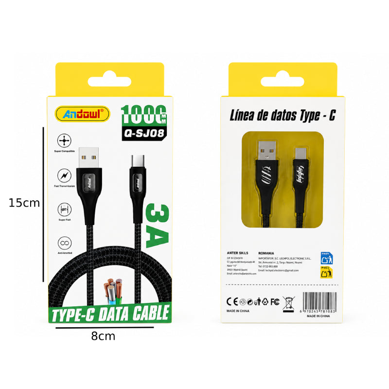 Andowl Καλώδιο Φόρτισης & Δεδομένων Q-SJ08 USB σε Type-C 3A 1m - Q-SJ08 USB to Type-C 3A Data Cable 1m