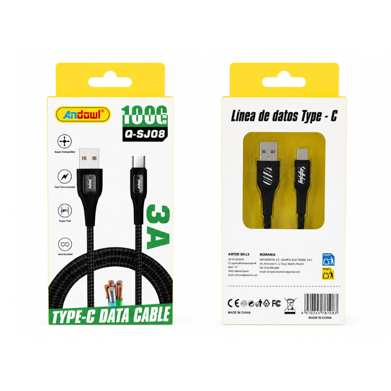 Andowl Καλώδιο Φόρτισης & Δεδομένων Q-SJ08 USB σε Type-C 3A 1m - Q-SJ08 USB to Type-C 3A Data Cable 1m
