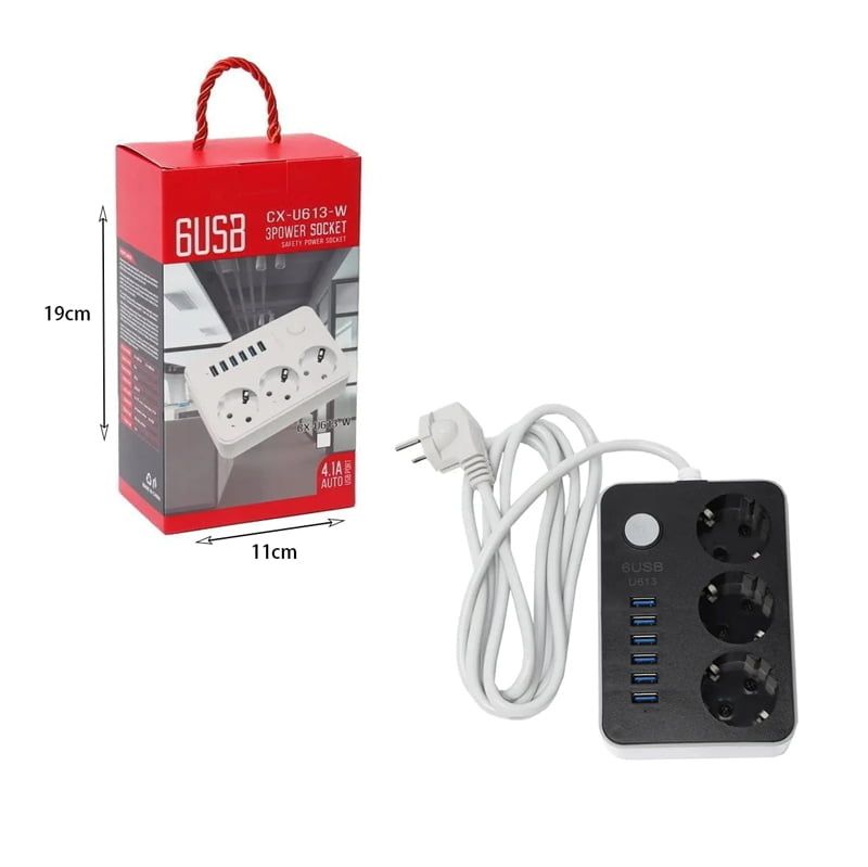 Πολύμπριζο 3 θέσεων και 6 θύρες USB 4.1Α CX-U613 - 6USB 3 Power socket OEM