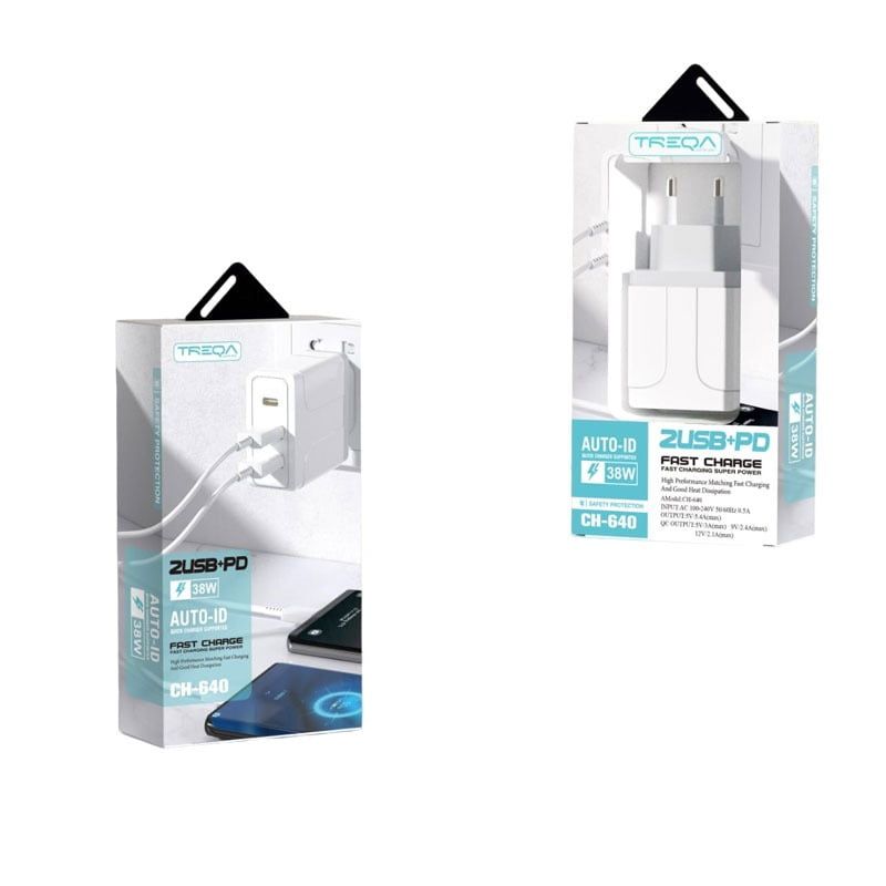 Treqa 38W γρήγορος φορτιστής κινητού Type-C 2USB+PD CH-640 – Fast charger Treqa