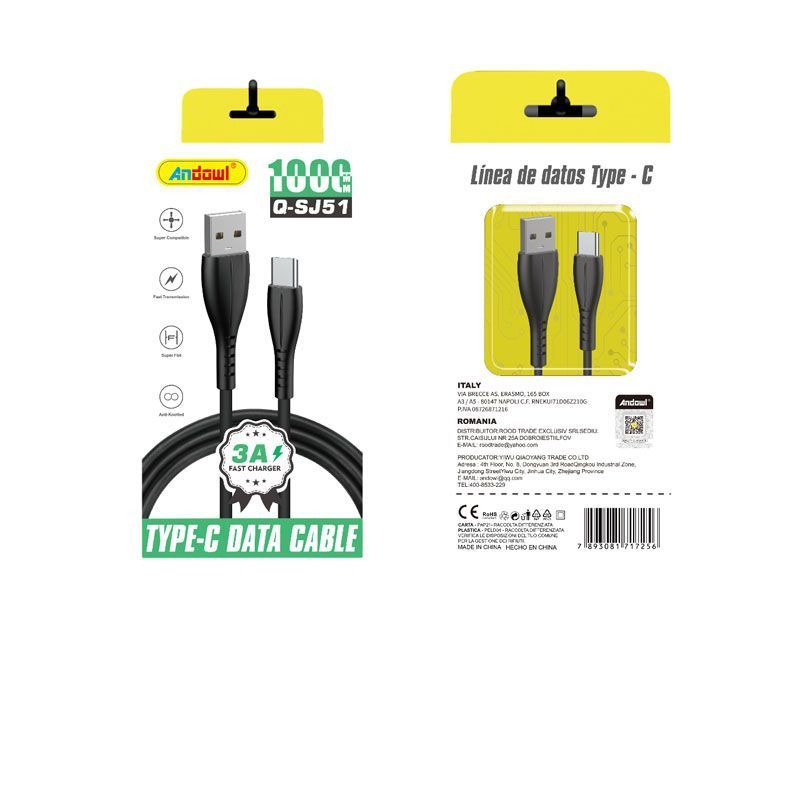 Andowl Καλώδιο δεδομένων USB σε Type-c 3A 1M Q-SJ51 - Data Cable ANDOWL