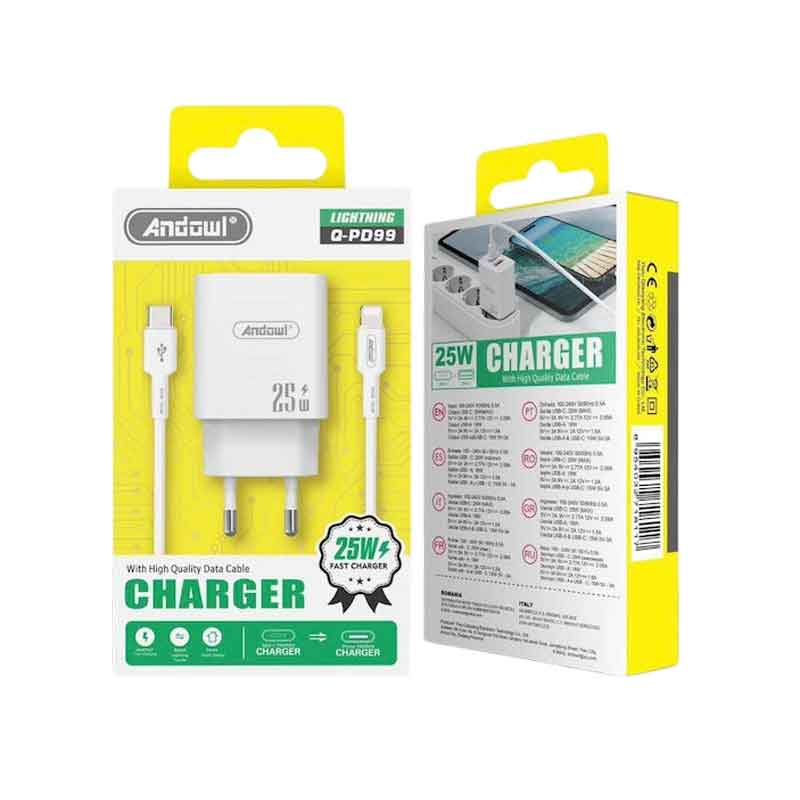 Andowl Φορτιστής με Θύρα USB-C και Καλώδιο USB-C και Lightning 25W Q-PD99- Charger ANDOWL