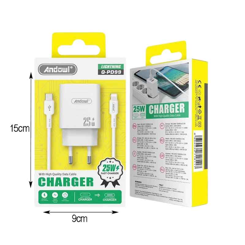 Andowl Φορτιστής με Θύρα USB-C και Καλώδιο USB-C και Lightning 25W Q-PD99- Charger ANDOWL