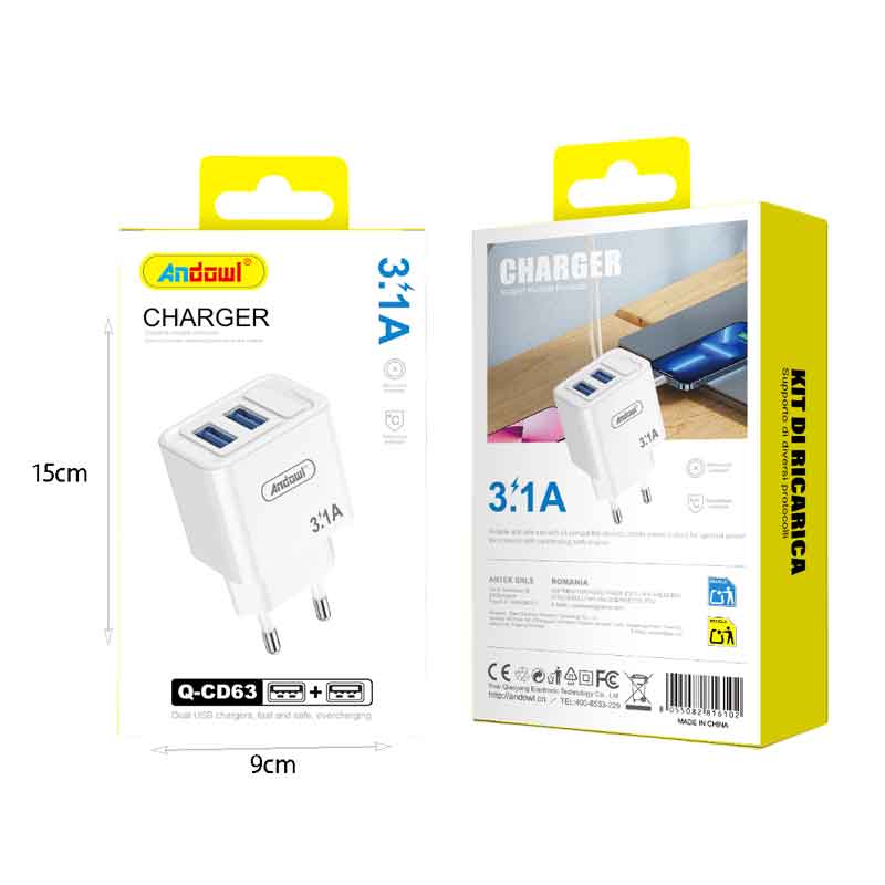 Andowl Φορτιστής κινητού USB Διπλός 3.1A Q-CD63 - Mobile charger ANDOWL