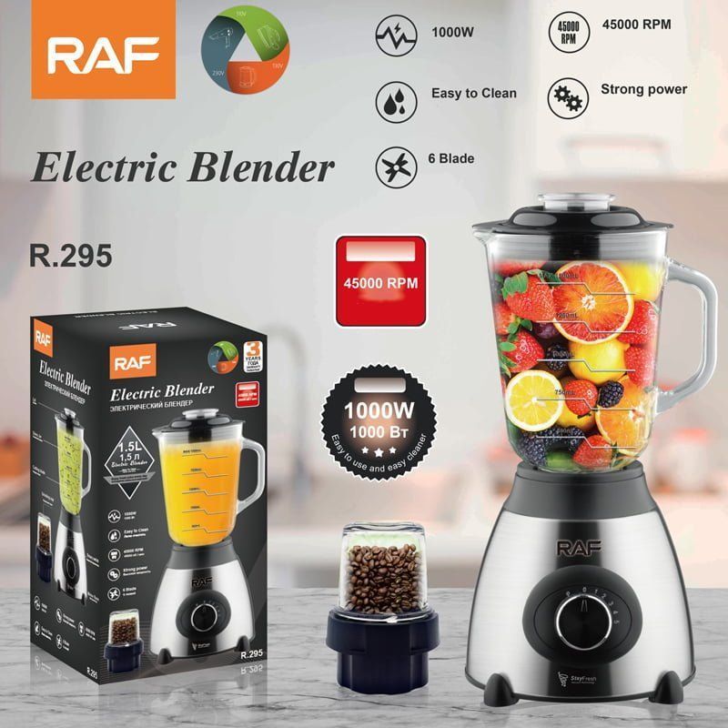 RAF Μπλέντερ με Γυάλινη Κανάτα 1.5lt 1000W Inox R.295 - Electric Blender RAF