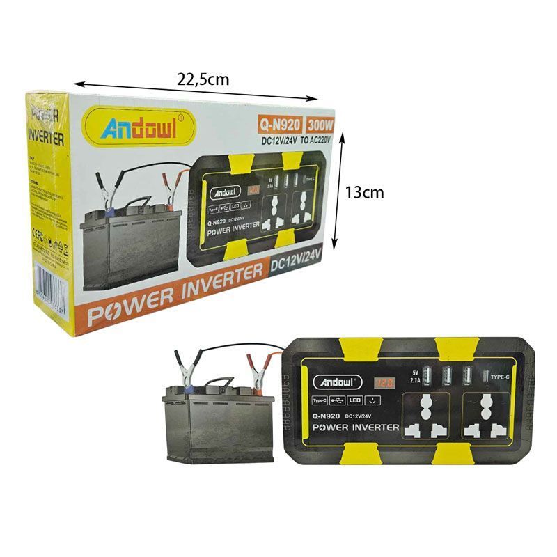 Andowl Inverter Αυτοκινήτου 300W για Μετατροπή DC12V/24V σε AC220V Q-N920 - Power Inverter ANDOWL