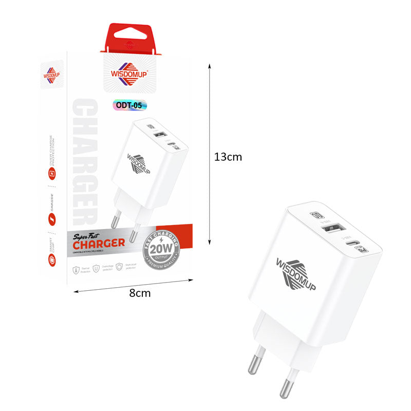 Wisdomup Φορτιστής 20W USB & Type C Διπλής Θύρας Ταχείας Φόρτισης ODT-05 – 20W Dual Port USB & Type C Fast Charger OEM